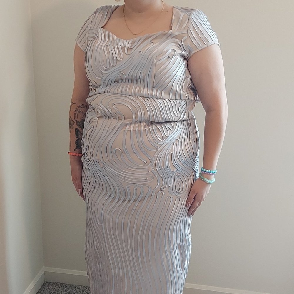 Plus Size Adrianna Papell Nude with Silver Striping Gown, Size 14